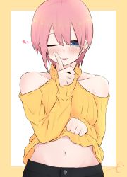 1girl, ;p, bangs, bare shoulders, black pants, blue eyes, blush, breasts, brown background, closed mouth, clothes lift, clothing cutout, collarbone, eyebrows behind hair, go-toubun no hanayome, hair between eyes, hand up, heart, highres, index finger raised, kujou karasuma, lifted by self, long sleeves, medium breasts, nakano ichika, navel, one eye closed, pants, pink hair, ribbed sweater, shoulder cutout, signature, sleeves past wrists, smile, solo, sweater, sweater lift, tongue, tongue out, turtleneck, turtleneck sweater, two-tone background, white background, yellow sweater