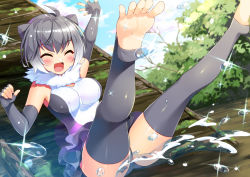 Rule 34 | 10s, 1girl, :d, ^ ^, ahoge, animal ears, arm up, barefoot, blush, breasts, bucchake (asami), closed eyes, cloud, dutch angle, elbow gloves, closed eyes, feet, fingerless gloves, frilled swimsuit, frills, fur trim, gloves, gradient hair, grey gloves, grey hair, grey legwear, kemono friends, large breasts, legs up, multicolored hair, one-piece swimsuit, open mouth, otter ears, outstretched arm, short hair, sky, slide, sliding, small-clawed otter (kemono friends), smile, soles, solo, spread toes, swimsuit, thighs, toeless legwear, toes, tree, water, water drop, white hair, |d