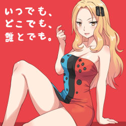 Rule 34 | 1girl, :d, arm support, asymmetrical clothes, bare arms, bare legs, bare shoulders, beckoning, blonde hair, breasts, cleavage, collarbone, controller, dress, female focus, hair ornament, joy-con, knee up, large breasts, legs, long hair, looking at viewer, meow (nekodenki), multicolored clothes, multicolored dress, neck, nintendo, nintendo switch, open mouth, original, personification, red background, short dress, simple background, sitting, smile, solo, strapless, strapless dress, translated, yellow eyes