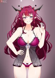 Rule 34 | 1girl, blue eyes, breasts, cleavage, dkun, heterochromia, highres, hololive, hololive english, horns, irys (hololive), large breasts, lingerie, long hair, panties, pink hair, purple eyes, see-through, smile, solo, thigh gap, underwear, v, virtual youtuber