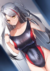 Rule 34 | 1girl, absurdres, azur lane, blush, breasts, cameltoe, clothes pull, collarbone, commission, competition swimsuit, dutch angle, grey hair, highres, inui kentarou, large breasts, long hair, looking at viewer, multicolored hair, one-piece swimsuit, one-piece swimsuit pull, prinz eugen (azur lane), skeb commission, solo, streaked hair, swimsuit, two-tone swimsuit, two side up, very long hair, wet, yellow eyes