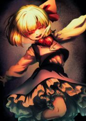 Rule 34 | 1girl, black skirt, black vest, blonde hair, bloomers, hair ribbon, highres, long sleeves, looking at viewer, muha kakka, open mouth, outstretched arms, red eyes, red ribbon, ribbon, rumia, shirt, short hair, skirt, smile, socks, solo, spread arms, touhou, underwear, vest, white bloomers, white shirt, white socks