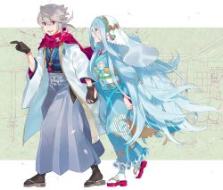 Rule 34 | 1boy, 1girl, aisutabetao, azura (fire emblem), black gloves, blue hair, corrin (fire emblem), corrin (male) (fire emblem), corrin (male) (fire emblem), couple, eye contact, fire emblem, fire emblem fates, gloves, headdress, hetero, highres, holding hands, husband and wife, japanese clothes, kimono, long hair, looking at another, new year, nintendo, platinum blonde hair, pointy ears, red eyes, scarf, smile, textless version, very long hair, yellow eyes, yukata