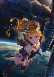 Rule 34 | 1girl, armor, armored boots, armored twintails, blonde hair, boots, cloud, earth (planet), fangxiang cuoluan, floating, highres, landscape, light particles, long hair, looking at viewer, mecha musume, neon trim, open mouth, original, planet, reaching, reaching towards viewer, satellite, science fiction, shiny clothes, sky, solo, space, space station, spacecraft, star (sky), star (symbol), starry sky, thighhighs, thrusters, twintails, water, yellow eyes