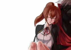Rule 34 | 1boy, 1girl, arc system works, back-to-back, blazblue, blazblue phase 0, bloodedge, brown hair, cape, celica a. mercury, closed eyes, height difference, kaneaki mukku, ponytail, ragna the bloodedge, ribbon, school uniform, sleeping, sleeping upright, spiked hair
