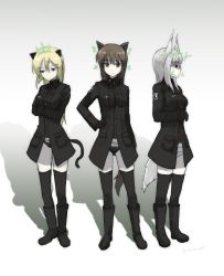 Rule 34 | 3girls, :x, animal ears, black coat, black footwear, black gloves, black legwear, black panties, blonde hair, boots, breasts, brown hair, cat ears, cat tail, closed mouth, coat, commentary request, crossed arms, dog ears, dog tail, emblem, eyebrows, full body, ghost in the shell, ghost in the shell lineup, ghost in the shell stand alone complex, glasses, gloves, green eyes, hand on own chest, hand on own hip, head tilt, head wings, heidimarie w. schnaufer, heinrike prinzessin zu sayn-wittgenstein, helmina lent, highres, hirschgeweih antennas, large breasts, long hair, long sleeves, makaze (t-junction), military, military uniform, multiple girls, noble witches, panties, purple eyes, red eyes, shadow, simple background, standing, strike witches, tail, thighhighs, underwear, uniform, white background, white hair, white panties, wings, world witches series