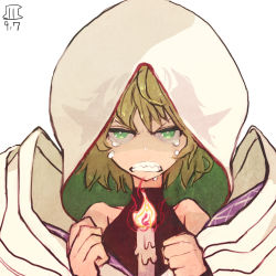 Rule 34 | 1girl, adapted costume, alternate costume, angry, artist logo, bare shoulders, black bra, blonde hair, bra, breasts, candle, candle wax, clenched hands, clenched teeth, commentary request, crying, crying with eyes open, dated, fire, fire, green eyes, hair between eyes, hashihime, japanese clothes, kimono, looking at viewer, maaru (akira428), medium breasts, melting, mizuhashi parsee, one-hour drawing challenge, pointy ears, shaded face, short hair, solo, sports bra, tearing up, tears, teeth, touhou, uchikake, underwear, upper body, white background, white hood, white kimono
