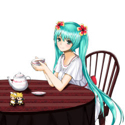 Rule 34 | 1girl, aqua eyes, aqua hair, brother and sister, chair, character doll, cup, flower, hair flower, hair ornament, hatsune miku, kagamine len, kagamine rin, long hair, norte, siblings, simple background, sitting, smile, solo, table, teacup, teapot, twintails, very long hair, vocaloid, white background