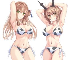 Rule 34 | 2girls, animal print, armpits, arms up, bikini, breasts, brown hair, cleavage, collarbone, commission, cow print, crossover, girls&#039; frontline, green eyes, headgear, heart lock (kantai collection), jewelry, kaeranu kaeru, kantai collection, large breasts, long hair, looking at viewer, multiple girls, mutsu (kancolle), navel, ring, second-party source, short hair, side-tie bikini bottom, sidelocks, simple background, springfield (girls&#039; frontline), swimsuit, wedding band, white background