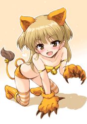 Rule 34 | 10s, 1girl, :d, animal ears, animal hands, bare shoulders, bell, blonde hair, blush, boots, claws, collarbone, eyelashes, fang, idolmaster, idolmaster cinderella girls, jingle bell, jougasaki rika, lion ears, lion tail, long hair, looking at viewer, marugoshi (54burger), open mouth, short shorts, shorts, smile, solo, striped clothes, striped thighhighs, tail, tail bell, tail ornament, thighhighs, two side up, yellow eyes