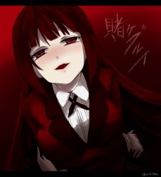 Rule 34 | 10s, 1girl, black ribbon, blush, breast hold, breast rest, breasts, commentary request, copyright name, crossed arms, dress shirt, facing viewer, formal, gradient background, hime cut, jabami yumeko, jacket, kakegurui, leaning forward, letterboxed, lips, long hair, looking at viewer, open mouth, parted lips, red eyes, red hair, red suit, ribbon, shirt, solo, suit, suit jacket, translated, twitter username, very long hair, zarathurtra