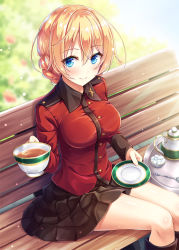 Rule 34 | 10s, 1girl, akashio (loli ace), bench, black skirt, blonde hair, blue eyes, blush, braid, breasts, cup, darjeeling (girls und panzer), girls und panzer, hair between eyes, highres, holding, holding cup, jacket, light particles, looking at viewer, military, military uniform, park bench, pleated skirt, red jacket, saucer, sitting, skirt, smile, solo, spoon, st. gloriana&#039;s military uniform, sugar cube, tea, teacup, teapot, thighs, uniform