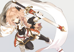 Rule 34 | 1boy, astolfo (fate), black bow, boots, bow, braid, cape, cloak, fate/apocrypha, fate/grand order, fate (series), fur-trimmed cape, fur trim, garter straps, gauntlets, hair bow, hair intakes, holding, holding sword, holding weapon, long hair, male focus, pink hair, purple eyes, ribbon, sheath, sheathed, shiromiso, single braid, skirt, solo, sword, thighhighs, trap, weapon, white footwear