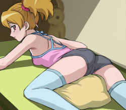 Rule 34 | 00s, ass, backless outfit, brown hair, cameltoe, camisole, fresh precure!, grey shorts, hair ornament, haruyama kazunori, momozono love, panties, pillow, pink camisole, precure, red eyes, red scrunchie, scrunchie, shorts, solo, stuffed animal, stuffed toy, thighhighs, twintails, underwear
