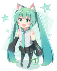 Rule 34 | 1girl, :d, absurdres, animal ears, bare shoulders, black footwear, black skirt, black thighhighs, blouse, blush, boots, cat ears, cat girl, cat tail, chibi, collared shirt, commentary, detached sleeves, food, full body, green eyes, green hair, green necktie, grey shirt, hair between eyes, hatsune miku, highres, holding, holding food, ikazu401, kemonomimi mode, long hair, long sleeves, necktie, open mouth, pleated skirt, shirt, skirt, sleeveless, sleeveless shirt, sleeves past fingers, sleeves past wrists, smile, solo, spring onion, standing, star (symbol), tail, thigh boots, thighhighs, twintails, very long hair, vocaloid