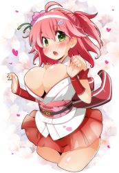 Rule 34 | 1girl, ahoge, armband, arms up, bare shoulders, belt, blush, breasts, bursting breasts, cleavage, cleavage cutout, clothing cutout, detached sleeves, dress, floral background, flower, full-face blush, green eyes, hair flower, hair ornament, hairclip, heart, hololive, large breasts, medium hair, nail polish, nontraditional miko, one side up, open mouth, pink hair, pink nails, sakura miko, sakura miko (old design), semahiro, shiny skin, solo, virtual youtuber