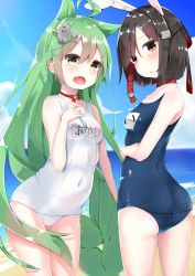 Rule 34 | 2girls, absurdres, ahoge, akashi (azur lane), animal ears, ass, azur lane, black hair, blush, breasts, cat ears, cloud, day, green hair, hair ornament, hairclip, half updo, highres, huge filesize, long hair, looking at viewer, mole, mole under eye, multiple girls, one-piece swimsuit, open mouth, rabbit ears, red eyes, sand, school swimsuit, shiranui (azur lane), short hair, sky, small breasts, swimsuit, white one-piece swimsuit, yellow eyes