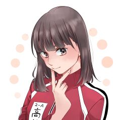 Rule 34 | 1girl, blunt bangs, blush, brown eyes, brown hair, character name, closed mouth, commentary request, gym uniform, highres, inami anju, jacket, kashikaze, looking at viewer, love live!, love live! sunshine!!, medium hair, real life, red jacket, simple background, solo, takami chika, upper body, v, voice actor, voice actor connection, white background