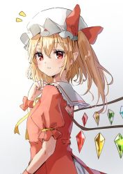 Rule 34 | 1girl, adapted costume, blonde hair, blush, bow, crystal, dress, flandre scarlet, gradient background, grey background, hair between eyes, hat, hat bow, hat ribbon, highres, long hair, looking at viewer, mob cap, parted lips, pointy ears, puffy short sleeves, puffy sleeves, red dress, red eyes, red ribbon, ribbon, shironeko yuuki, short sleeves, simple background, solo, touhou, upper body, wings, wrist cuffs