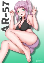 Rule 34 | 1girl, absurdres, aqua eyes, ar-57 (girls&#039; frontline), artist name, bare legs, barefoot, black tank top, blush, breasts, character name, cleavage, collarbone, crop top, girls&#039; frontline, highres, izzyice, legs, long hair, looking at viewer, medium breasts, no shoes, on floor, open mouth, panties, pink hair, pink panties, ponytail, simple background, solo, tank top, thighs, underwear, v