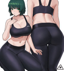 Rule 34 | 1girl, artist logo, ass, back, bare shoulders, black bra, black leggings, blunt bangs, bob cut, bra, breasts, cleavage, closed mouth, collarbone, commentary, donburi (donburikazoku), duplicate, feet out of frame, fubuki (one-punch man), full body, green eyes, green hair, hand on own chest, kneeling, large breasts, leggings, multiple views, navel, one-punch man, pixel-perfect duplicate, short hair, sidelocks, simple background, sports bra, underwear, white background