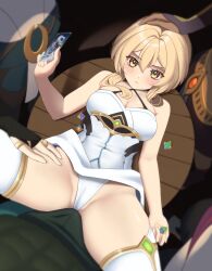 Rule 34 | 1girl, 4boys, alhaitham (genshin impact), baobei (baobei bu), bare arms, blonde hair, blush, breasts, bulge, card, cleavage, closed mouth, commentary, cyno (genshin impact), dress, english commentary, erection, erection under clothes, genshin impact, group sex, hair between eyes, hand on another&#039;s head, hetero, highres, holding, holding card, kaveh (genshin impact), large breasts, looking at viewer, lumine (genshin impact), lying, multiple boys, on back, on table, panties, partially visible vulva, short hair with long locks, solo focus, standing, table, thighhighs, tighnari (genshin impact), underwear, white dress, white panties, white thighhighs, yellow eyes
