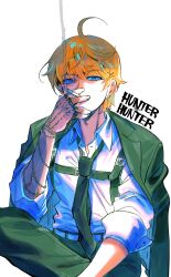 Rule 34 | 1boy, absurdres, androgynous, bae (baebae), black jacket, blonde hair, blue eyes, chain, chest harness, cigarette, copyright name, covering own mouth, crystal earrings, earrings, feet out of frame, hand over own mouth, harness, highres, holding, holding cigarette, hunter x hunter, jacket, jacket on shoulders, jewelry, kurapika, looking at viewer, male focus, multiple rings, ring, short hair, simple background, smoke, smoking, solo, white background