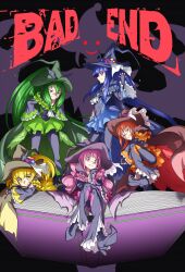 Rule 34 | 5girls, absurdres, adapted costume, alternate costume, bad end beauty, bad end happy, bad end march, bad end peace, bad end precure, bad end sunny, black background, black bodysuit, blonde hair, blue eyes, blue hair, bodysuit, book, cape, commentary request, english text, eyelashes, green cape, green eyes, green hair, green headwear, happy, hat, high heels, highres, long hair, looking at viewer, magical girl, mahou girls precure!, matatabi (karukan222), multiple girls, open book, orange eyes, orange hair, pink eyes, pink hair, ponytail, precure, short hair, sitting, smile, smile precure!, standing, witch, witch hat, yellow eyes