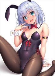 Rule 34 | 1girl, :d, animal ears, aqua eyes, arm behind back, arm strap, arm support, bang dream!, bare shoulders, blush, bow, bowtie, breasts, brown pantyhose, cameltoe, cleft of venus, collarbone, commentary, covered navel, detached collar, fake animal ears, hair between eyes, hand up, head tilt, knee up, kurata mashiro, lambda (kusowarota), leotard, medium breasts, medium hair, no shoes, open mouth, pantyhose, playboy bunny, purple leotard, rabbit ears, red bow, red bowtie, red ribbon, ribbon, shadow, side-tie leotard, silver hair, simple background, sitting, smile, solo, strapless, strapless leotard, v, white background, wrist cuffs