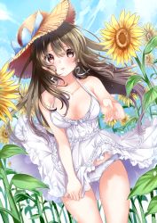 Rule 34 | 1girl, bare shoulders, blue bow, blue sky, blush, bow, bow panties, breasts, breasts apart, brown eyes, brown hair, cloud, collarbone, commentary request, day, dress, dutch angle, field, flower, flower field, frilled dress, frills, hair between eyes, halterneck, hat, hat bow, highres, long hair, looking at viewer, mashiro aa, medium breasts, original, outdoors, panties, parted lips, sky, sleeveless, sleeveless dress, solo, straw hat, sundress, sunflower, sunflower field, underwear, very long hair, white dress, white panties, yellow flower