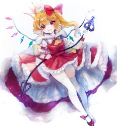 Rule 34 | 1girl, :3, alternate headwear, ascot, blonde hair, bow, brooch, cape, closed mouth, commentary, crown, crystal, dress, fang, flandre scarlet, frilled dress, frills, full body, fur-trimmed cape, fur trim, hair bow, highres, holding, jewelry, kyogoku-uru, laevatein (touhou), long hair, looking at viewer, one side up, pointy ears, puffy short sleeves, puffy sleeves, red bow, red dress, red eyes, red footwear, shirt, shoes, short sleeves, smile, solo, thighhighs, touhou, white background, white shirt, white thighhighs, wings, wristband, yellow ascot