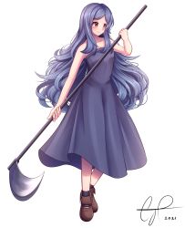 Rule 34 | 1girl, absurdres, axe, bare shoulders, blue dress, blue hair, dress, enri louvre, evermythic, highres, holding, holding axe, holding weapon, long hair, naraku, naraku 2, red eyes, simple background, solo, strapless, weapon, white background