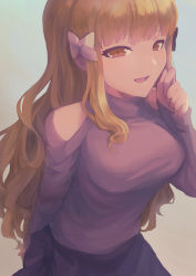 Rule 34 | 1girl, arm behind back, bare shoulders, black bow, blush, bow, breasts, brown eyes, casual, eyebrows hidden by hair, gradient background, hair bow, hand to own mouth, highres, light brown hair, long hair, looking at viewer, medium breasts, navi (ivan), open mouth, princess connect!, saren (princess connect!), saren (real) (princess connect!), smile, solo, wavy hair