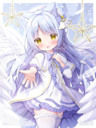 Rule 34 | 1girl, absurdres, angel, angel wings, animal ears, asymmetrical sleeves, beret, blush, capelet, cat ears, cat girl, cat tail, cowboy shot, dress, feathered wings, feathers, frilled thighhighs, frills, grey hair, hand on own chest, hat, highres, long hair, looking at viewer, open mouth, original, reaching, reaching towards viewer, short dress, smile, solo, sparkle, star (symbol), tail, thighhighs, very long hair, wings, yellow eyes, yuduki pdx