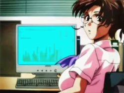 Rule 34 | 00s, 1girl, animated, animated gif, bouncing breasts, breasts, brown eyes, brown hair, computer, glasses, horibe hiderou, interlude, large breasts, lowres, marufuji izumi, office lady, ponytail, solo