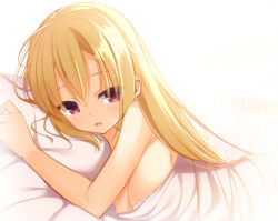 Rule 34 | 1girl, arihara nanami, bare shoulders, blonde hair, blush, breasts, cariboy, cleavage, eyebrows hidden by hair, eyelashes, hair between eyes, hair strand, large breasts, light, long hair, looking at viewer, lying, nude, hugging object, off shoulder, on side, open mouth, pajamas, pillow, pillow hug, red eyes, riddle joker, shaded face, sidelocks, solo, upper body, white background, white pajamas, yuzu-soft