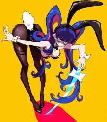 Rule 34 | 1girl, absurdres, bent over, blue eyes, blue hair, bow, bowtie, bright pupils, brown pantyhose, detached collar, hairband, highres, katana, kekel, leaning forward, leotard, multicolored hair, panty &amp; stocking with garterbelt, pantyhose, pink hair, playboy bunny, rabbit ears, rabbit tail, simple background, solo, stocking (psg), sword, twintails, two-tone hair, weapon, white pupils, wrist cuffs, yellow background, yellow eyes