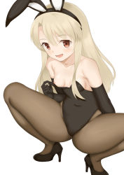 Rule 34 | 1girl, animal ears, blonde hair, blush, breasts, brown pantyhose, collarbone, fake animal ears, fate/kaleid liner prisma illya, fate (series), female focus, full body, hair between eyes, illyasviel von einzbern, leotard, long hair, nipples, open mouth, pantyhose, playboy bunny, rabbit ears, red eyes, shoes, simple background, small breasts, solo, spread legs, squatting, toshishikisai, white background