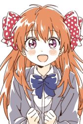Rule 34 | 1girl, :d, blazer, blue bow, blush stickers, bow, bowtie, clenched hands, collared shirt, commentary, gekkan shoujo nozaki-kun, grey jacket, hair bow, happy, highres, jacket, long hair, long sleeves, looking at viewer, namori, open clothes, open jacket, open mouth, orange hair, polka dot, polka dot bow, purple eyes, red bow, rouman academy school uniform, sakura chiyo, school uniform, shirt, simple background, smile, solo, split mouth, symbol-only commentary, teeth, upper body, upper teeth only, white background, white shirt