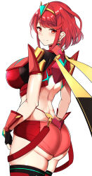 Rule 34 | 1girl, armor, ass, backless outfit, black gloves, bob cut, boots, breasts, clothing cutout, cowboy shot, earrings, fingerless gloves, from side, gloves, headpiece, highres, jewelry, large breasts, looking at viewer, looking to the side, noeomi, pyra (xenoblade), red eyes, red hair, red shorts, short hair, short shorts, short sleeves, shorts, shoulder armor, simple background, skindentation, smile, swept bangs, thick thighs, thigh boots, thighhighs, thighs, tiara, white background, xenoblade chronicles (series), xenoblade chronicles 2