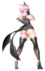 Rule 34 | 1girl, ahoge, aoi nagisa (metalder), ass, bare shoulders, black dress, black footwear, boots, breasts, commentary request, detached sleeves, dress, fang, fishnets, from behind, full body, gloves, hair ornament, heterochromia, highres, huge ass, large breasts, lilith-soft, lips, looking at viewer, nipples, no panties, official art, pink hair, puffy nipples, shiny clothes, shiny skin, short dress, short hair, simple background, sleeveless, sleeveless dress, smile, solo, taimanin (series), taimanin rpgx, thigh boots, thighhighs, white background, yellow eyes, yuri (taimanin asagi)