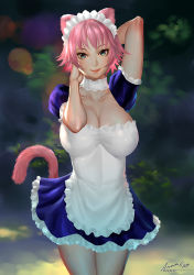 Rule 34 | 1girl, animal ears, apron, aqua eyes, ariverkao, arm behind head, blue dress, breasts, cat ears, cat tail, choker, cleavage, collarbone, dated, dress, hand in own hair, large breasts, looking at viewer, maid, maid apron, maid headdress, original, outdoors, pink hair, puffy short sleeves, puffy sleeves, short hair, short sleeves, signature, solo, tail