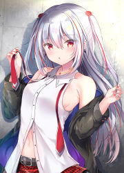1girl, :o, bangs, bare shoulders, belt, black belt, black jacket, blush, breasts, collarbone, collared shirt, commentary request, commission, dress shirt, flower, grey hair, hair flower, hair ornament, hands up, highres, holding, holding hair, holding necktie, jacket, jewelry, kirakira monstars, long hair, looking at viewer, masayo (gin no ame), medium breasts, multicolored hair, nail polish, navel, necklace, necktie, off-shoulder jacket, off shoulder, original, parted lips, partially unbuttoned, plaid, plaid skirt, purple jacket, red eyes, red flower, red nails, red neckwear, red skirt, shirt, sideboob, skirt, sleeveless, sleeveless shirt, solo, streaked hair, two side up, undone necktie, upper body, white shirt