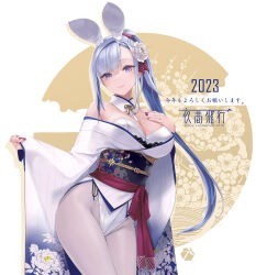 Rule 34 | 1girl, 2023, animal ears, bare shoulders, blue hair, breasts, cleavage, closed mouth, commentary request, detached collar, fake animal ears, fingernails, floral print, flower, gradient clothes, hair flower, hair ornament, hand on own chest, hand up, happy new year, highleg, highleg leotard, highres, japanese clothes, leotard, lips, long hair, long sleeves, looking at viewer, medium breasts, mole, mole under eye, nail polish, new year, obi, original, pantyhose, purple eyes, rabbit ears, red nails, rokuwata tomoe, sash, simple background, smile, wide sleeves