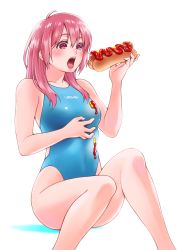 Rule 34 | 1girl, absurdres, blue one-piece swimsuit, commentary request, competition swimsuit, feet out of frame, highleg, highleg swimsuit, highres, hot dog, ketchup, lips, long hair, macosee, mustard, one-piece swimsuit, open mouth, original, red eyes, red hair, simple background, sitting, solo, spill, swimsuit, white background