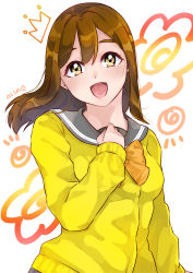 Rule 34 | 1girl, absurdres, artist name, artist request, blush, bow, bowtie, breasts, brown eyes, brown hair, buttons, cardigan, clenched hand, collarbone, crown print, eyebrows, female focus, floating hair, grey sailor collar, hair between eyes, highres, kunikida hanamaru, light brown hair, long hair, long sleeves, looking at viewer, love live!, love live! sunshine!!, medium breasts, orange bow, parted lips, sailor collar, school uniform, skirt, sleeves past wrists, smile, solo, sweater, upper body, uranohoshi school uniform, vest, wavy hair, white background, yellow cardigan, yellow eyes, yellow sweater