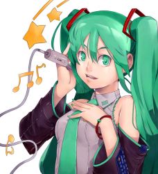Rule 34 | 1girl, detached sleeves, female focus, green eyes, green hair, hatsune miku, long hair, matching hair/eyes, necktie, recube, smile, solo, twintails, very long hair, vocaloid, white background