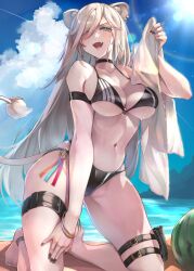 1girl :d adapted_costume animal_ear_piercing animal_ears beach bikini black_bikini black_choker black_nails blue_sky breasts choker cloud collarbone commentary_request day fangs grey_eyes highres hololive kneeling large_breasts lion_ears lion_girl lion_tail long_hair navel omoti_(1201208) open_mouth outdoors revision shishiro_botan shishiro_botan_(button-down) sky smile solo stomach sunlight swimsuit tail thigh_strap very_long_hair virtual_youtuber white_hair