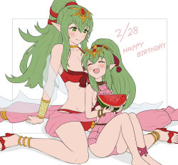 Rule 34 | 2girls, aged up, ass, bad id, bad twitter id, bikini, blush, breasts, closed eyes, dual persona, fire emblem, fire emblem: shadow dragon and the blade of light, fire emblem awakening, gonzarez, green eyes, green hair, hair ornament, highres, hug, jewelry, long hair, multiple girls, nintendo, one-piece swimsuit, open mouth, pointy ears, ponytail, smile, swimsuit, tiara, tiki (adult) (fire emblem), tiki (adult) (summer) (fire emblem), tiki (fire emblem), tiki (young) (fire emblem)