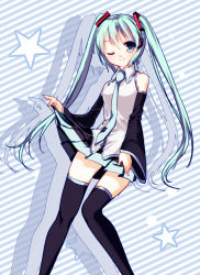 Rule 34 | 1girl, ;), aqua hair, bad id, bad pixiv id, black thighhighs, blue eyes, detached sleeves, hatsune miku, long hair, looking at viewer, necktie, one eye closed, rain (aaru), skirt, smile, solo, star (symbol), striped, striped background, thighhighs, twintails, vocaloid, zettai ryouiki